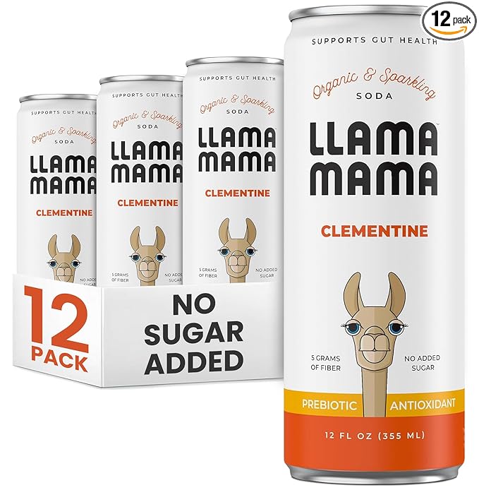 Llama Mama Clementine Organic Sparkling Prebiotic Soda • Gut &amp Immune Support • High Vitamin C Antioxidants • NO Sugar • NO Artificial Sweeteners • NO Stevia • Vegan Plant Fiber • 12 Pack