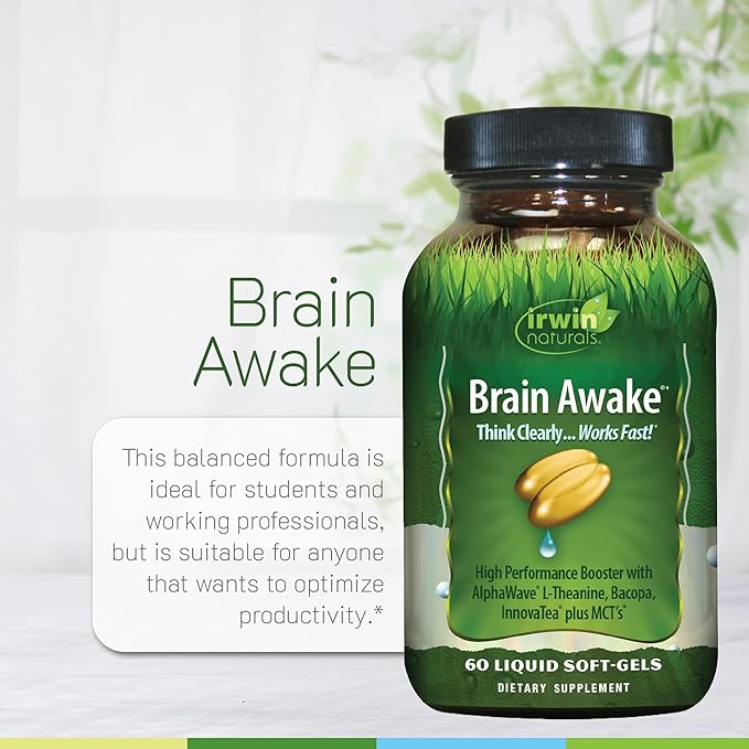 Irwin Naturals Brain Awake Enhanced Mental Performance Increased Focus Boost Clarity &amp Concentration - Powerful Nootropic Booster with L-Theanine Bacopa MCT's &amp InnovaTea - 60 Liquid Softg