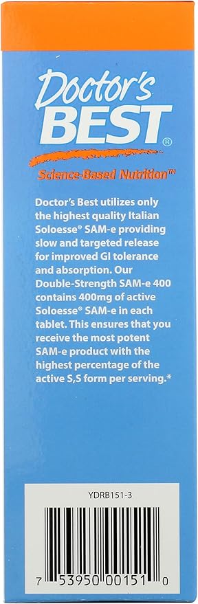 Doctor's Best SAM-e 400 mg Vegetarian Gluten Free Soy Free Mood and Joint Support 30 Enteric Coated Tablets