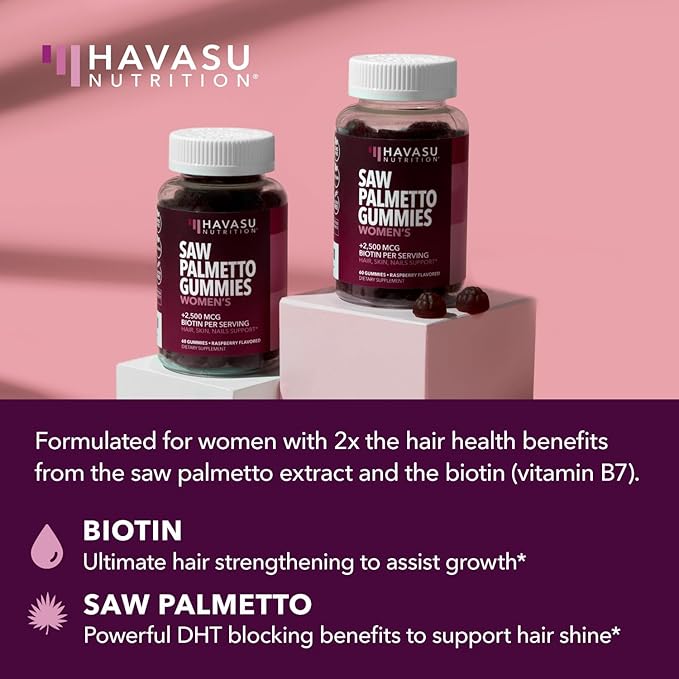 Saw Palmetto for Women with 2500mcg Biotin - DHT Blocker and Hair Skin Nail Health Gummies - 120 Count - Supports Stronger and Fuller Looking Locks and Radiant Skin - Vegan Non-GMO 2 Month Supply