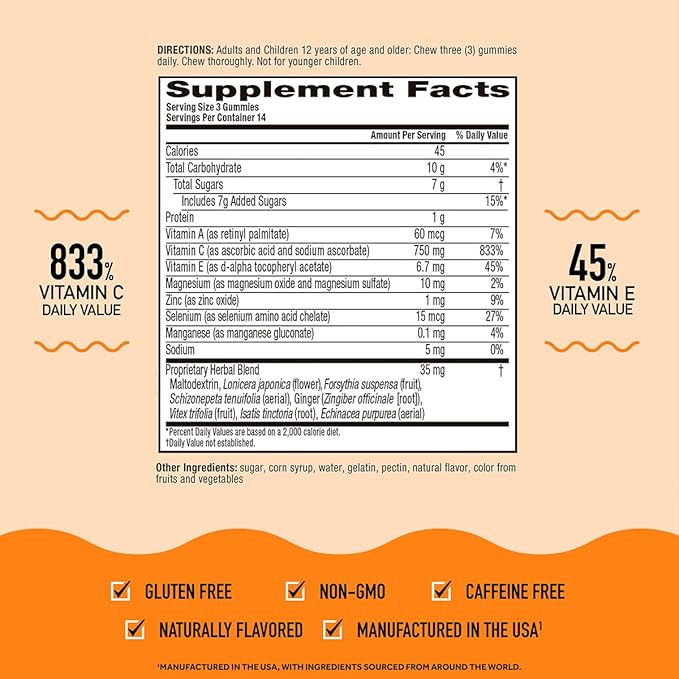 Airborne 750mg Vitamin C Immune Support Supplement Gummies for Adults Zesty Orange Flavor Gluten Free Crafted Blend with Powerful Antioxidants Vitamins C &amp E 42 Gummies (3 Pack)