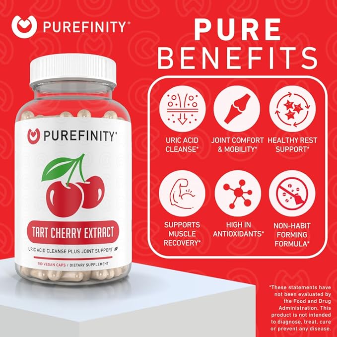 PUREFINITY Tart Cherry Capsules – Uric Acid Flush &amp Cleanse to Support Joint &amp Muscle Comfort with 3000 mg Raw Extract Non-GMO Gluten Free Vegan – 180 Count (6 Month Supply)