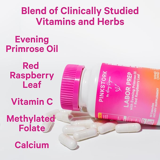 Pink Stork Labor Prep Supplement – Evening Primrose Oil &amp Red Raspberry Leaf for Third Trimester Gentle Labor &amp Postpartum Support Pregnancy &amp Breastfeeding Safe 60 Vegan Capsules