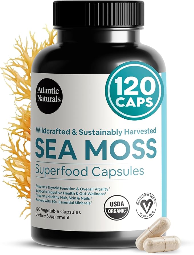 Atlantic Naturals Superfood Organic Irish Sea Moss Capsules - 120 Veggie Capsules | Wildcrafted Organic Sea Moss Supplement for Men &amp Women | Better Than Sea Moss Gel | Support Immunity &amp Skin
