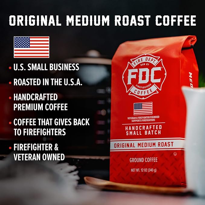 Fire Department Coffee - Gives Back to Firefighters - Original Medium Roast Ground Coffee - Balanced &amp Smooth - Roasted in the USA - Veteran Owned (12 oz Pack of 2)