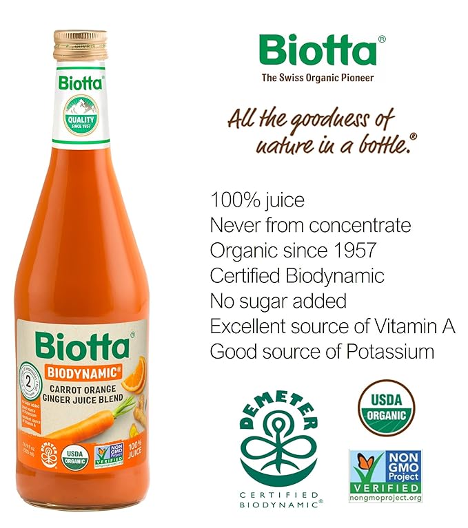 Biotta Organic Carrot Orange Ginger Juice - 100% Vegetable Juice for Energy Immunity &amp Wellness - Excellent Source of Nutrients - All Natural Non-GMO Gluten-Free (16.9 Fl Oz Pack of 6)