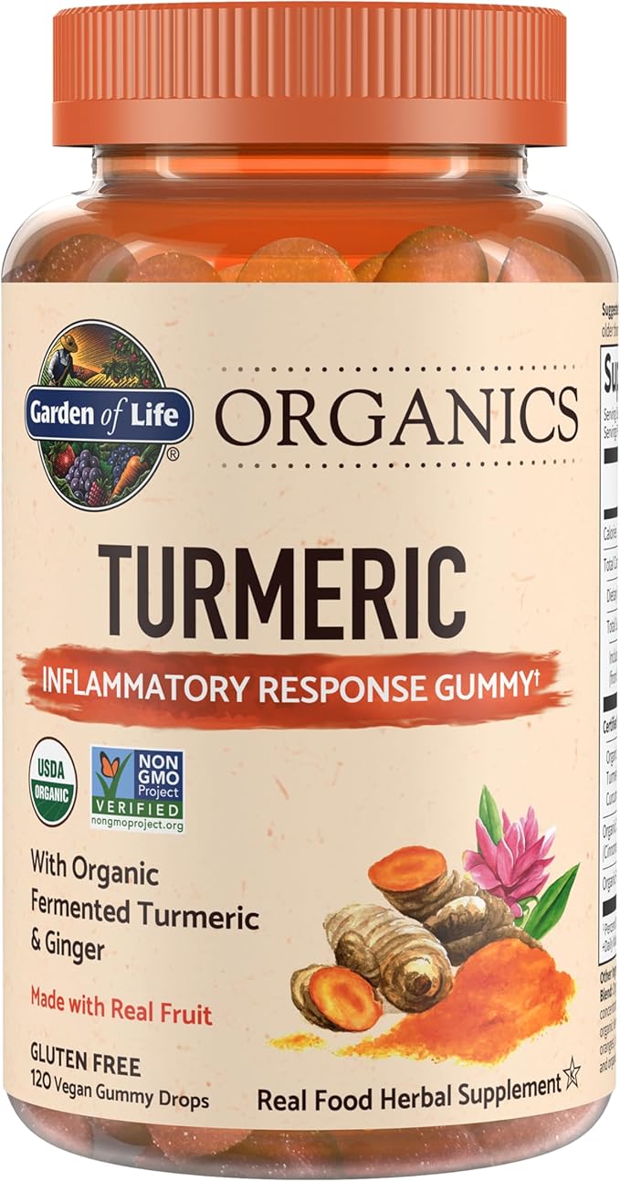 Garden of Life Organics Turmeric Inflammatory Response Gummy - 120 Real Fruit Gummies for Kids &amp Adults 50Mg Curcumin (95% Curcuminoids) No Added Sugar Organic Non-GMO Vegan &amp Gluten Free