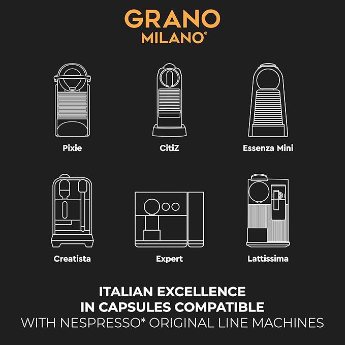Grano Milano Lungo - 100 Espresso Pods Compatible with Nespresso Original line 100% Arabica Medium Roast - Intensity 7/12 Coffee Capsules Made in Italy Espresso Coffee