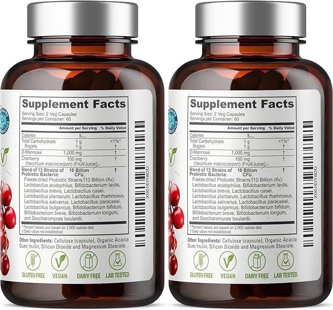 biophix D-Mannose 1000mg Capsules with Cranberry &amp Probiotics - D Mannose Supplements for Women - D-Mannose Pills for Urinary Tract &amp Bladder Health Support - Digestive Well-Being - 120 Vcaps