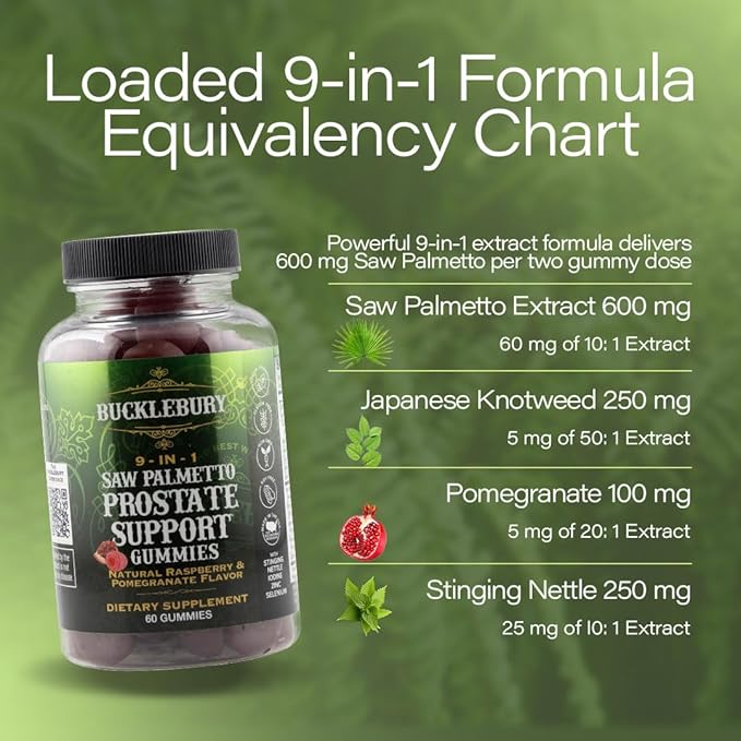 BUCKLEBURY 9-in-1 Natural Saw Palmetto Gummies with Raspberry &amp Pomegranate Flavor - Plant-Based Prostate Support Supplements for Mens Bladder Health Hair Growth &amp Urinary Support - 60 Gummie