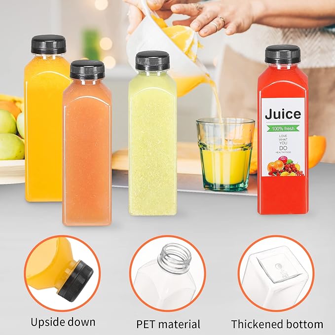 24pcs 16oz Plastic bottles with lids juice bottles with caps Reusable containers and Clear beverage for milk Smoothies juice