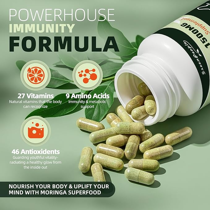 GREENPEOPLE Whole-Leaf Moringa Capsules 1500mg - High Potency 10:1 Moringa Oleifera Leaf Extract - Natural Green Superfood for Energy &amp Immune Support - Vegan Non-GMO Caffeine Free-180 Count-2 P