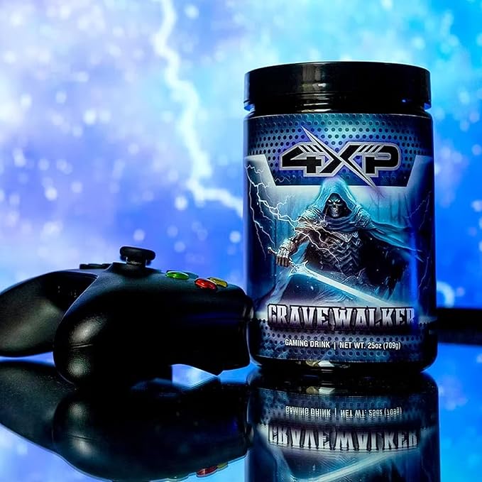 4XP Gravewalker White Gummy Gaming Energy Drink Mix| Low-Caffeine Nootropic Powder with B Vitamins &amp White Gummy Flavor for Gamers | 50-Serving Container