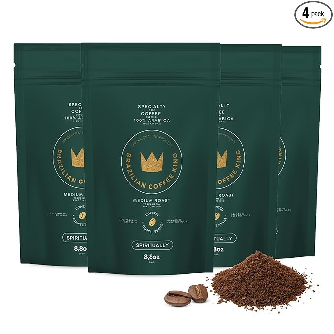 4-Pack Specialty Coffee Spiritually – Arabica Roasted and Ground in Brazil – Smooth Reflective Flavor with Fruity and Spicy Notes – Carefully Harvested Medium Roast – Brazilian Coffee King