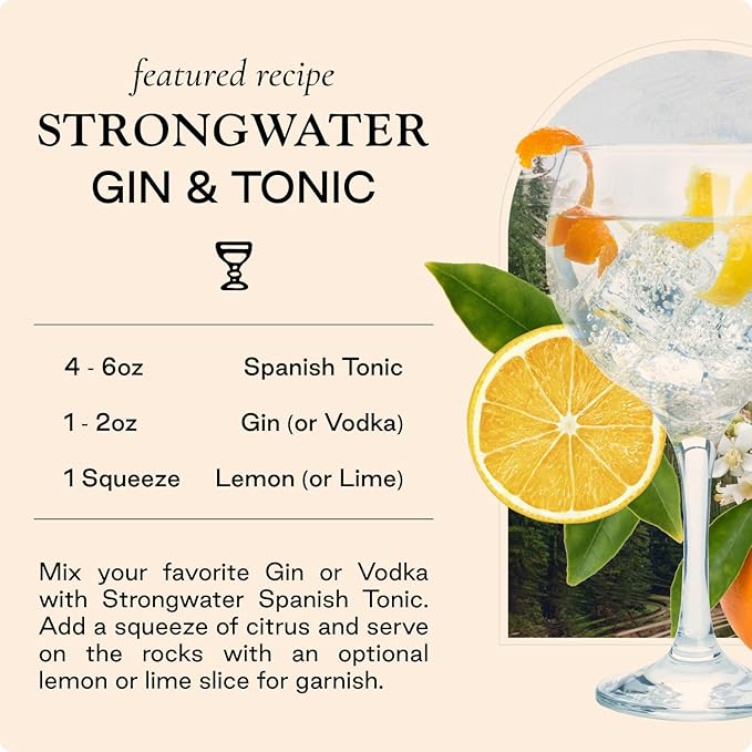 Strongwater Sparkling Spanish Tonic Water - 12 Pack Cans (8.4 Fl Oz Each) - Premium Craft Cocktail Mixer - Orange Blossom Water with Quinine &amp Tangerine - Real Cane Sugar No Artificial Flavors