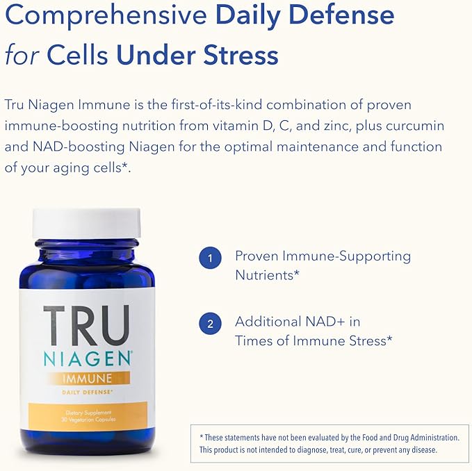 TRU NIAGEN Immune Support Supplement - Daily Defense Vitamin C from Fermentation Vegan Vitamin D3 2000 IU Zinc Plus Theracurmin (Curcumin) + Multi Award-Winning NAD Boosting Niagen 150mg 60ct
