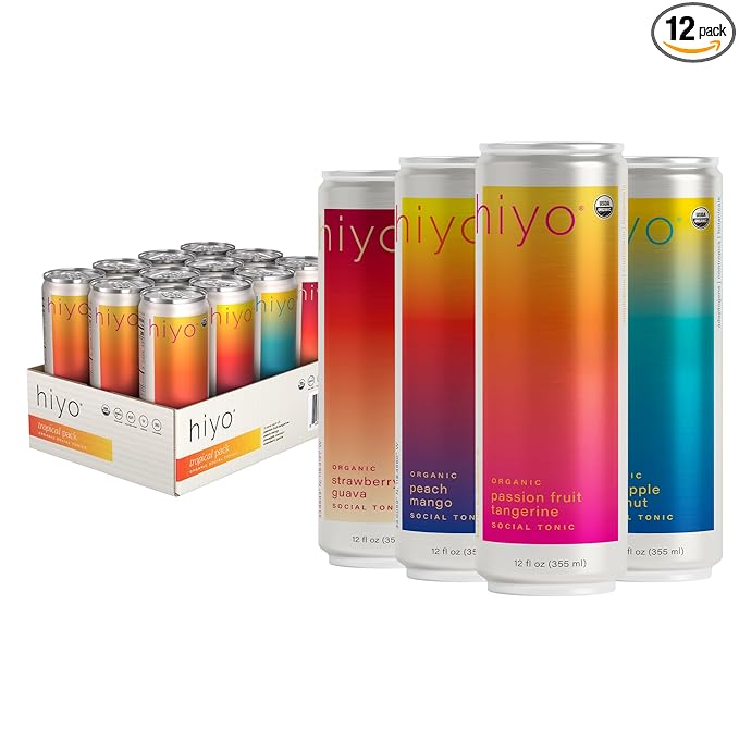 Hiyo Organic Social Tonic – Tropical Pack 12 Pack - N.A. Functional Seltzer Sparkling Water Crafted with Organic Adaptogens Nootropics &amp Botanicals