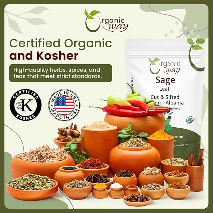 Organic Way Sage Leaf Cut &amp Sifted (Salvia officinalis) | Herbal Tea - European Wild-Harvest | Kosher Certified | Raw Non GMO &amp Gluten Free | USDA Certified | Origin - Albania | 16 Oz (Pack o
