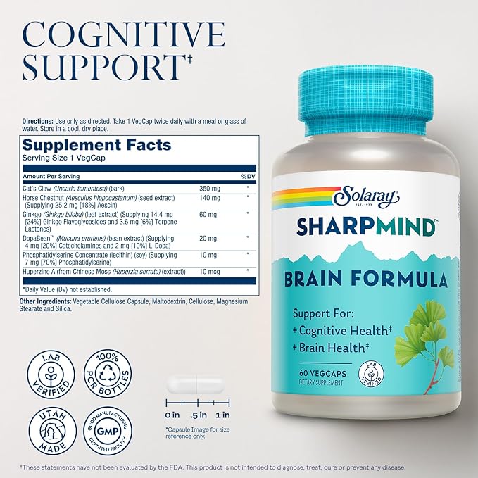 SOLARAY SharpMind Brain Support Formula - Nootropic Brain Supplements - Cognitive and Brain Health Support with Ginkgo Biloba - 60-Day Guarantee 60 Servings 60 VegCaps