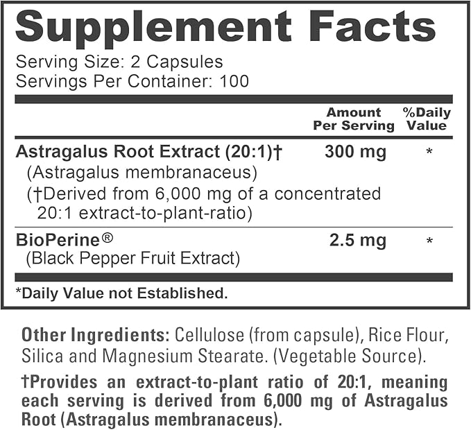 NusaPure Astragalus 20:1 Extract 300 mg Equivalent to 6000mg Per Serving 200 Veggie Capsules Vegan Non-GMO &amp Bioperine