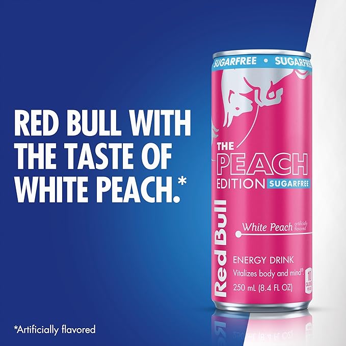 Red Bull Peach Edition Sugarfree Energy Drink White Peach 8.4 fl. oz. Case of 24 cans with 80mg Caffeine Taurine &amp B Vitamins