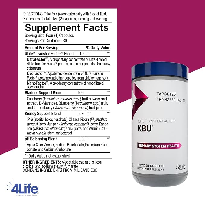 4Life KBU Urinary Supplement Transfer Factor for Bladder &amp Kidney Health with Cranberry Blueberry Dandelion &amp Juniper Berry - 120 Veggie Capsules