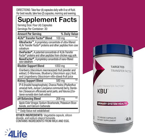 4Life KBU Urinary Supplement Transfer Factor for Bladder &amp Kidney Health with Cranberry Blueberry Dandelion &amp Juniper Berry - 120 Veggie Capsules
