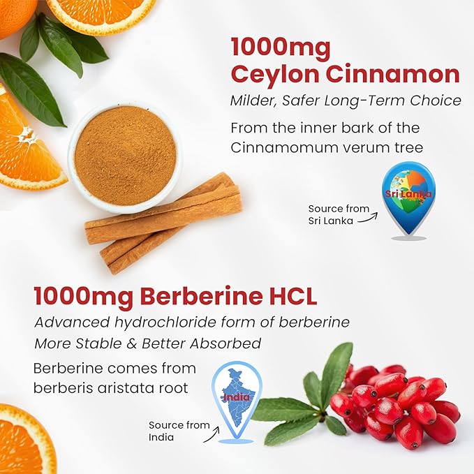 Ceylon Cinnamon Berberine Gummies 2000mg Sugar Free Organic Berberine HCI Supplement with Ceylon Cinnamon Bitter Melon Green Tea Chromium Magnesium Glycinate &amp Methyl B12 for Women &amp Men