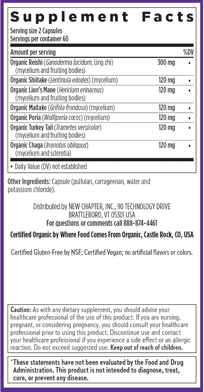New Chapter Immune Support Reishi &amp Shiitake Mushroom Blend with Organic Reishi Mushroom Vegan + Non-GMO Nootropic Ingredients - 120 ct