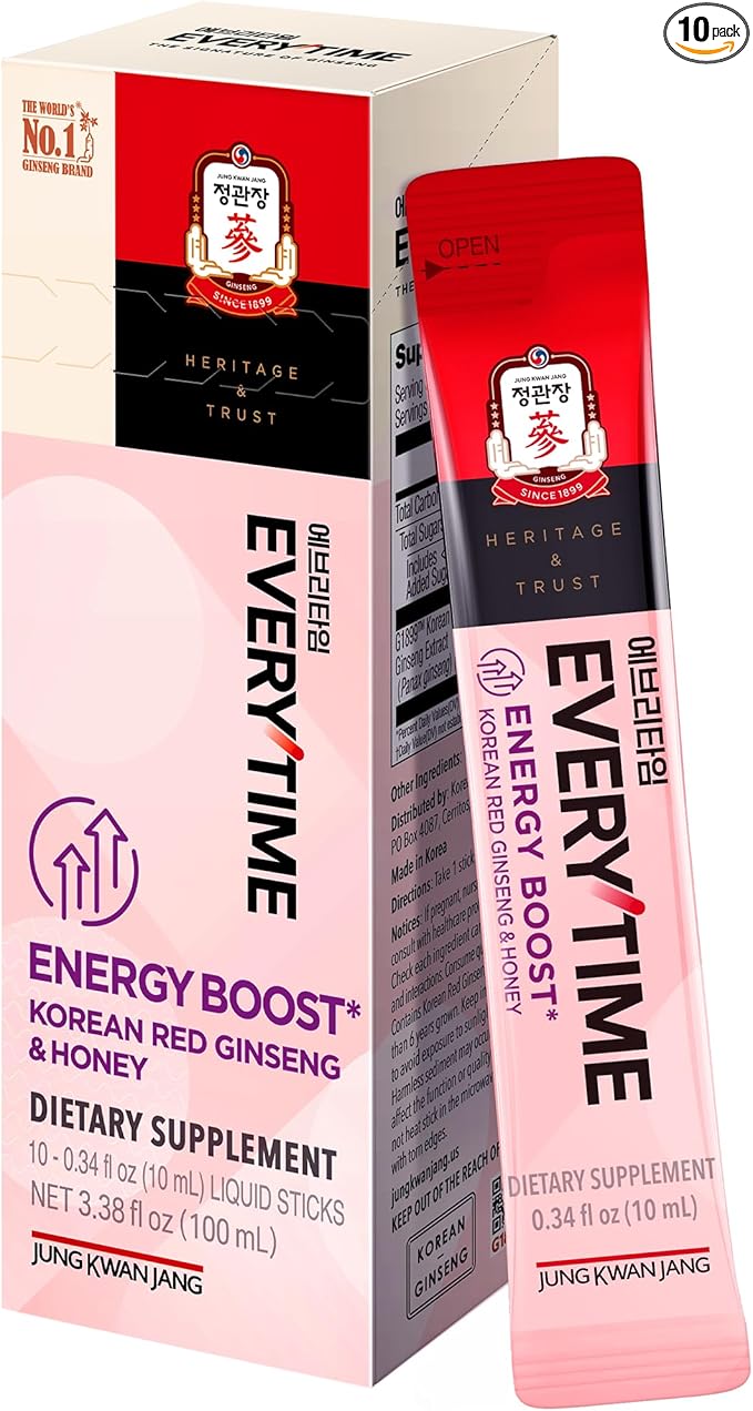 JUNG KWAN JANG Everytime Energy Boost Korean Red Ginseng Extract 1000mg &amp Honey - Vegan Ginseng Energy Drink Liquid Stick Supplements - Builds Stamina &amp Immunity No Caffeine (10 Sticks 0.34
