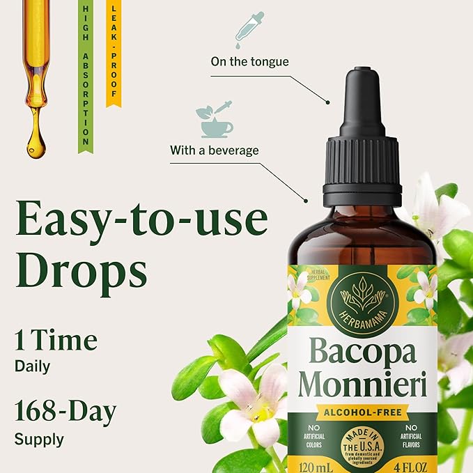 HERBAMAMA Bacopa Monnieri Supplement - Vegan Brain Focus and Clarity Support with Bacopa Extract Tincture - Non-GMO Alcohol &amp Sugar-Free Brahmi Herb Drops 168-Day Supply