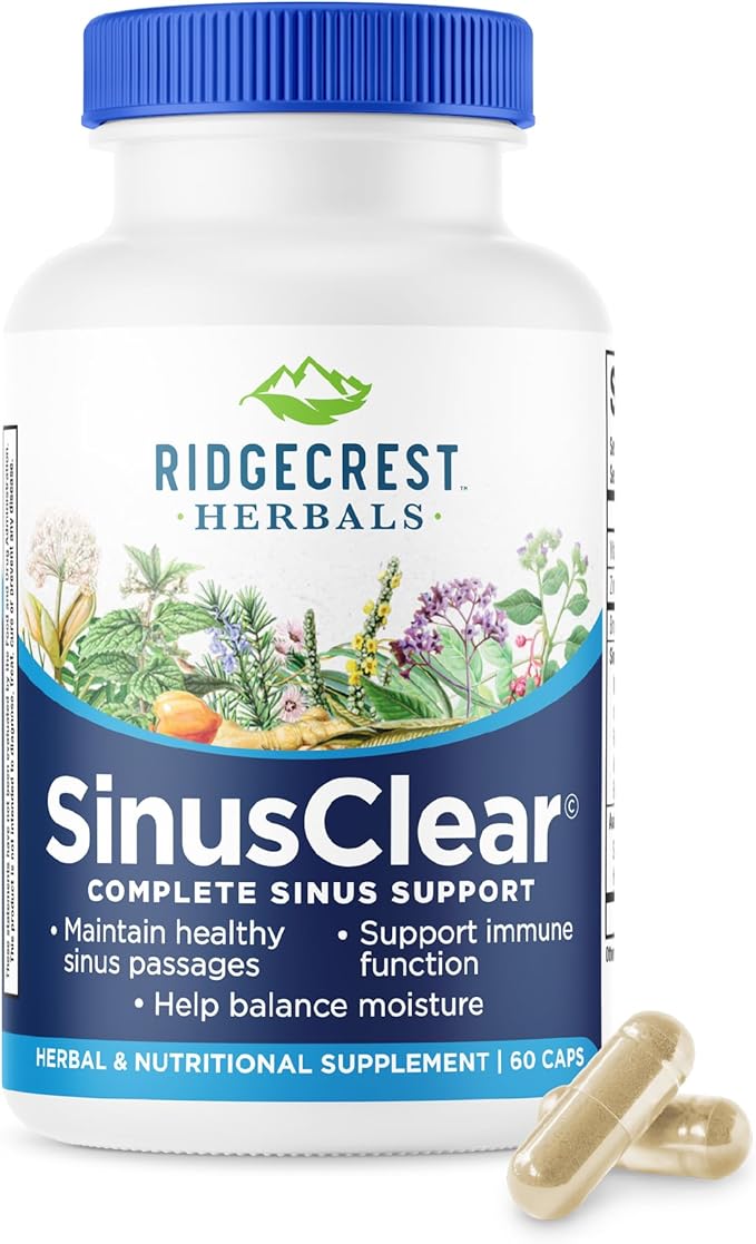 RidgeCrest Herbals SinusClear Complete Formula for Sinus and Nasal Health with Mullein Leaf Bromelain Vitamin C and Zinc for Healthy Mucus Immune &amp Respiratory Support (60 Veg Caps 30 Serv
