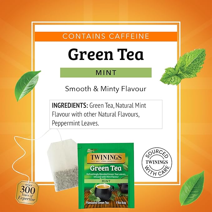 Twinings Green Tea with Mint Individually Wrapped Bags 20 Count (Pack of 6) Invigorating Aroma Caffeinated Enjoy Hot or Iced 120 Teabags
