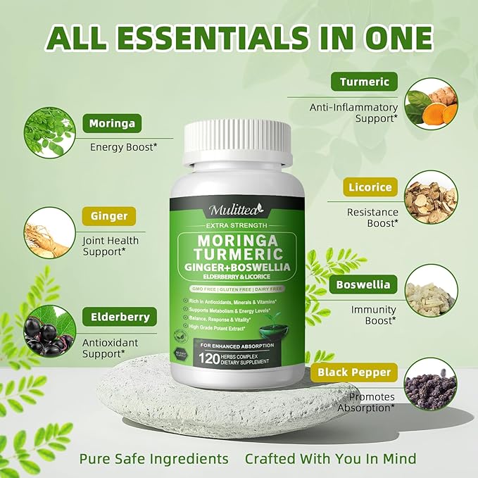 Moringa Capsules Organic 1000mg 7-in-1 Superfood with Turmeric Ginger Elderberry Licorice &amp Boswellia - Support Immune Skin Gut &amp Antioxidant-Non-GMO GMP 120 Vegan Capsules 2 Months S