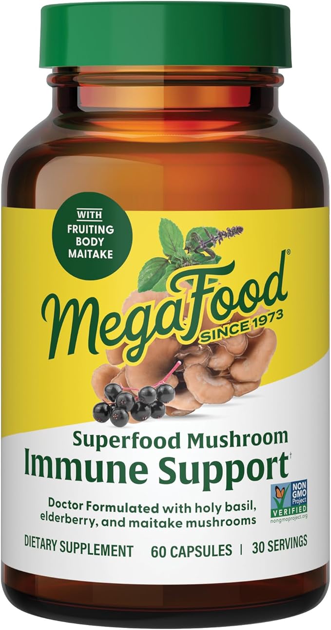 MegaFood Superfood Mushroom Immune Support - Maitake Mushroom Supplement with Elderberry &amp Holy Basil to Help Support a Healthy Immune System - Doctor Formulated Vegan - 60 Capsules 30 Servings