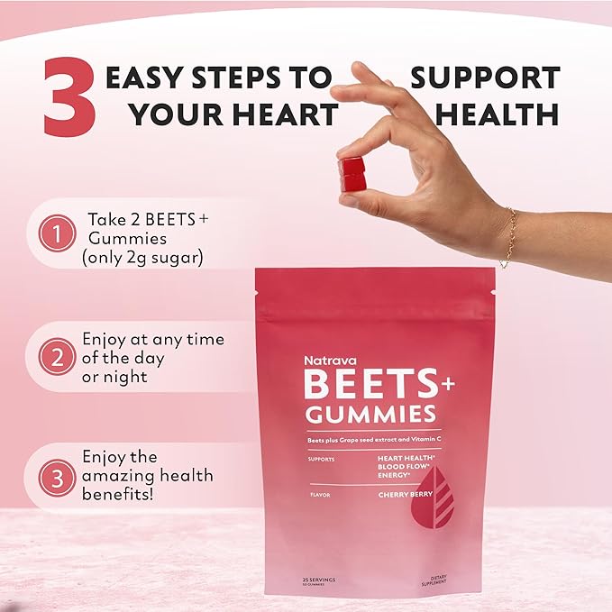 Beets+ Gummies - Premium Beet Root Powder Grape Seed Extract and Vitamin C - Supports Healthy Blood Pressure and Heart Health - Low Sugar Nitric Oxide and Circulation Supplement - 50 Gummies