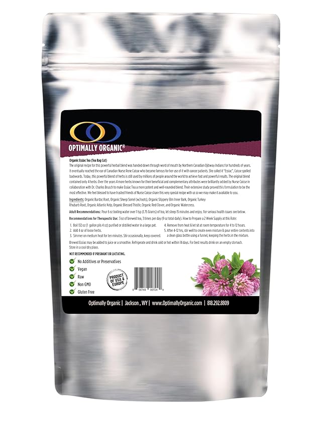 Optimally Organic ESSIAC Tea - Tea Bag Cut - 8 Herb Recipe by Rene Caisse! USA &amp EU Grown Burdock Root - Sheep Sorrel Whole Plant with Roots - Blessed Thistle - Kelp - Watercress Red Clover Slip