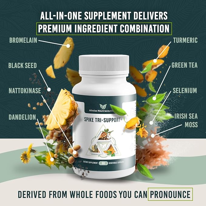 Spike Tri-Support+ with Nattokinase Bromelain and Turmeric - Includes Dandelion Extract Black Seed Extract Green Tea Leaf Selenium for A Full Spectrum Spike Support Supplement