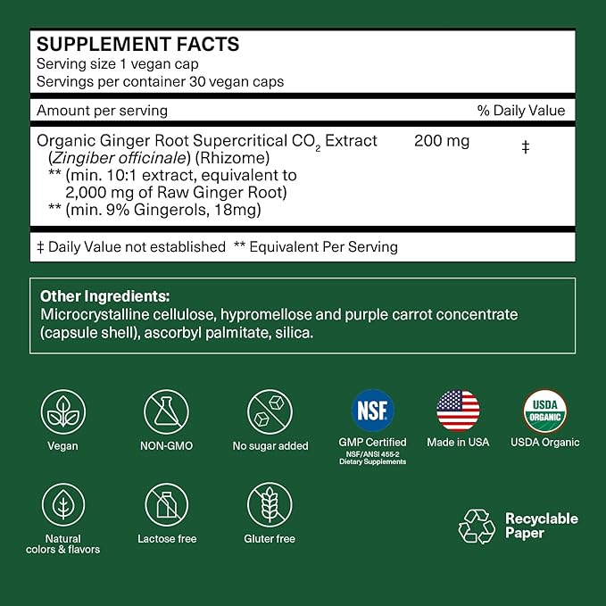 Organic Ginger Supplement | 18 mg Gingerols | 2000 mg Raw Ginger Root Powder Eq. | 10:1 Extract | Supports Stomach Comfort* &amp Motion-Related Nausea* | Travel Essentials | 30 Veg Capsules