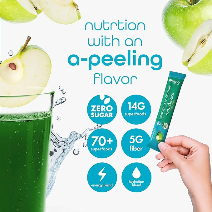 Zena Nutrition Organic Super Greens Energy &amp Hydration Powder 70+ Superfoods 0 Sugar 5G Fiber Spirulina Chlorella Prebiotics/Probiotics Natural Caffeine + Electrolytes 40 Drink Mix Packets