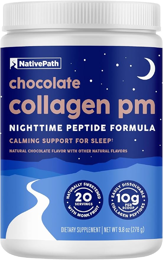 NativePath Collagen PM - Chocolate Nighttime Collagen Peptides Powder with Magnesium GABA L-Theanine and Melatonin - 20 Servings