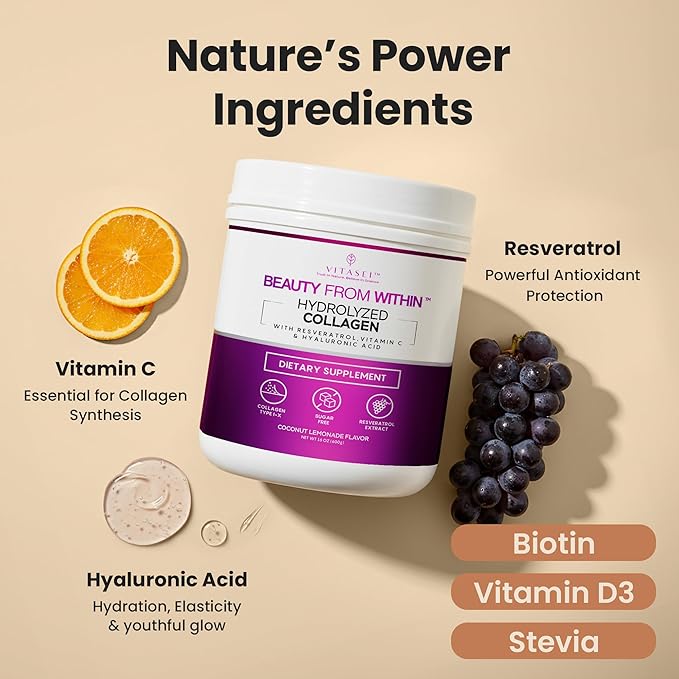 VITASEI Hydrolyzed Collagen Peptides Powder with Resveratrol &amp Vitamin C – Hair Skin &amp Joint Support – Colágeno Hidrolizado for Women &amp Men – Refreshing Coconut Lemonade Flavor 16 oz (30
