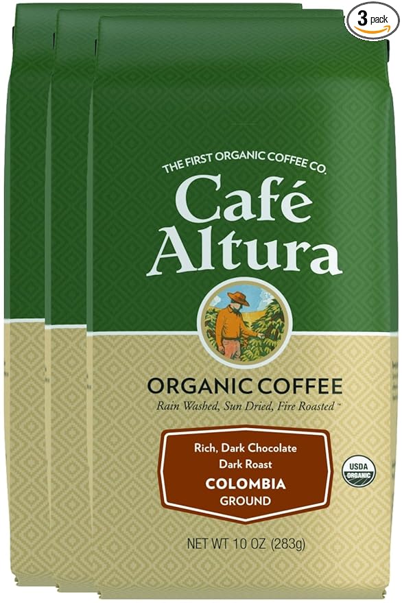 Café Altura Colombia Dark Roast Organic Ground Coffee 10 oz Bag (Pack of 3)