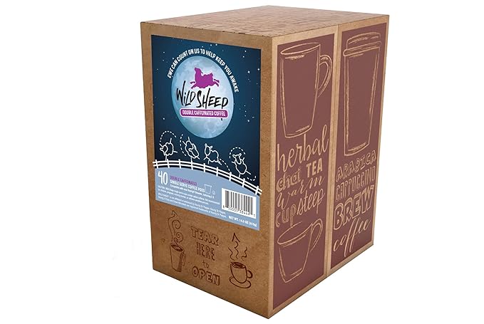 Wild Sheep High Caffeine (Double Caffeinated) Coffee Pods Compatible with Keurig K-Cup Brewers Extra Caffeine in Recyclable Cups 40 Count