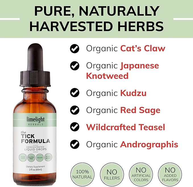 LIMELIGHT HERBALS Tick Formula Liquid Drops – Natural Tick Support Immune Boost &amp Detox – Japanese Knotweed Andrographis Cat’s Claw Red Sage Kudzu Teasel – 60 Servings – Vegan Non-GMO USA