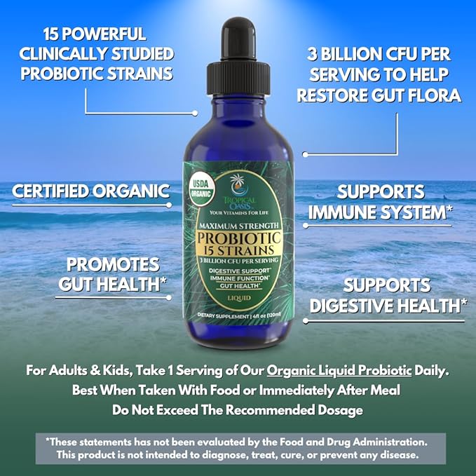 USDA Organic Liquid Probiotics for Men Women &amp Kids | 15 Clinically Studied Strains | Digestive Support Immune &amp Gut Health | Maximum Strength | 98% Absorption | Vegan Non-GMO | 40 Serv