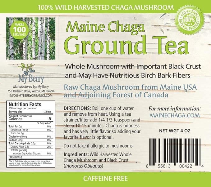 Chaga Ground Herbal Tea by My Berry | 100% Canadian Wild-Harvested | Additive-Free &amp Caffeine-Free | Coarse Ground Loose Tea | 4oz