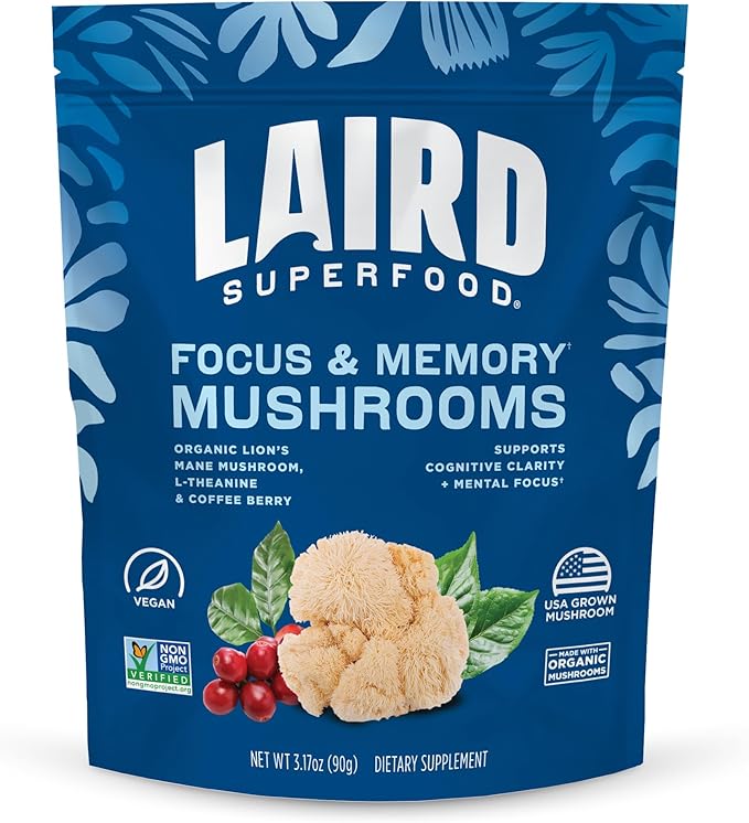 Laird Superfood Organic Focus and Memory Mushroom Blend with Lion’s Mane L-Theanine and Coffee Berry 3.17 oz. Bag Pack of 1