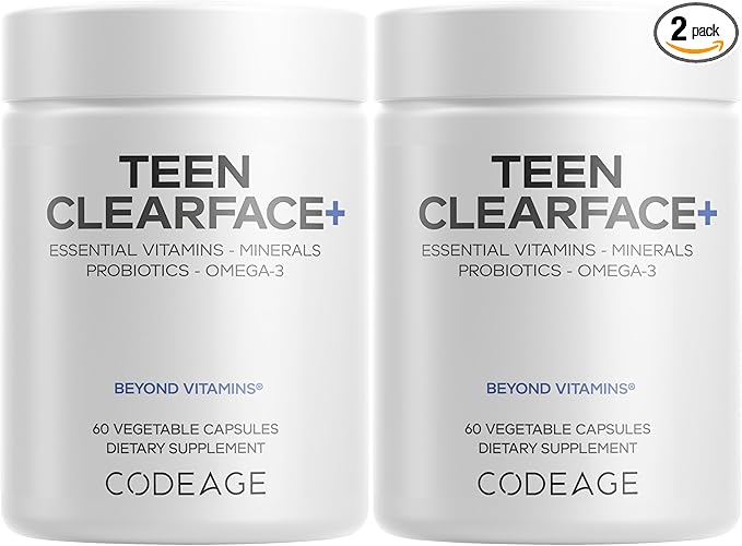 Codeage Teen Clearface Adolescent Face Skin &amp Pimples Vitamins A C D3 E Pantothenic Acid Niacin Zinc Supplement Teenagers Probiotics L-Lysine Omega-3 Oily Skin Pores Spots - 2 Pack
