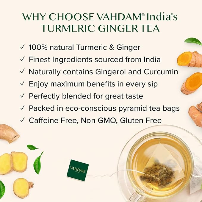 VAHDAM Organic Turmeric Ginger Herbal Tea Bags (100 Pyramid Tea Bags) Caffeine Free Non GMO | 100% Pure Herbal Blend - Savory &amp Spicy Plant-Based Teabags | Resealable Ziplock Pouch